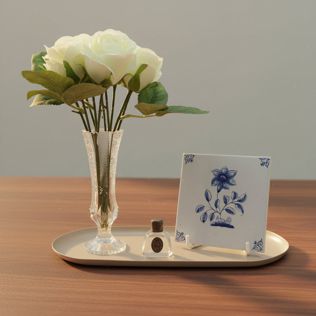 Tafel decoratie set rozen: glas, witte rozen & Delfts Blauw