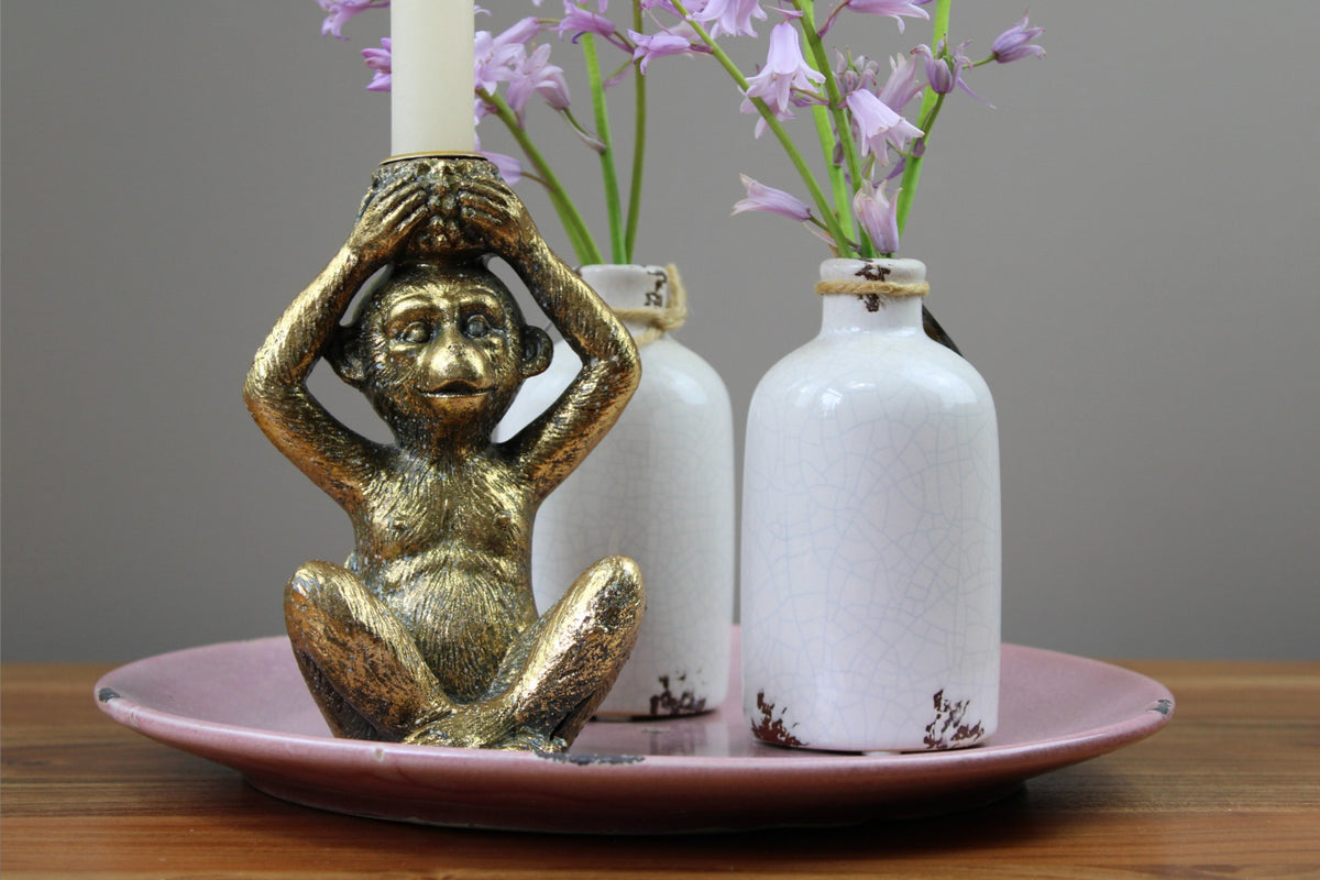 Tafel decoratie set Aap: set met gouden aap en witte vaasjes