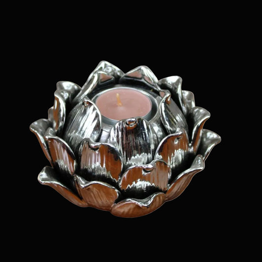 Vintage zilveren lotus waxinelichthouder – keramiek kaarshouder – zen woondecoratie
