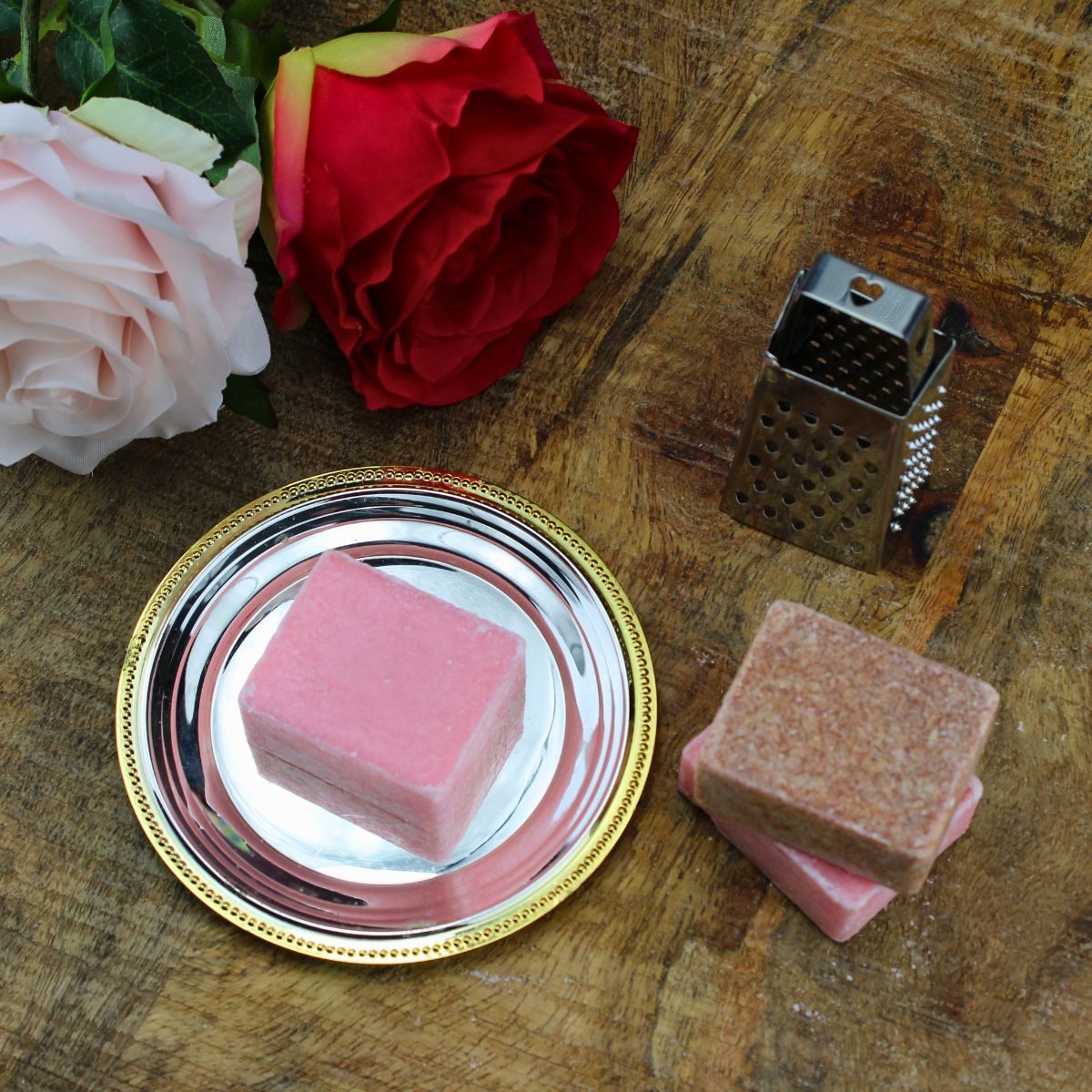 Amber/Rose – geurblokjes / amberblokjes set met vintage schaaltje, rasp – luxe cadeauset