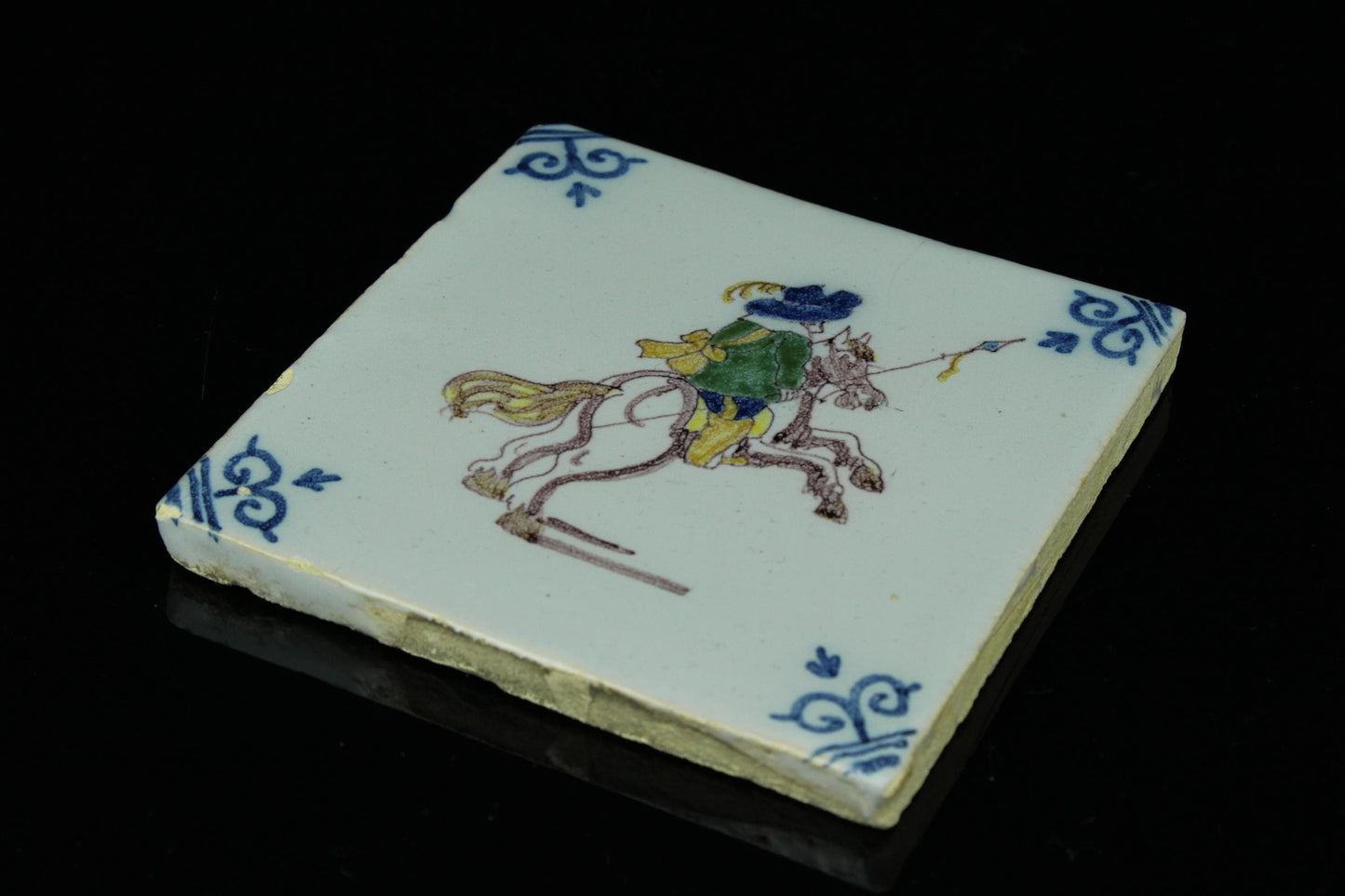 Antike niederländische Fliese Reiter zu Pferd Handbemalte Fliese im Delfter Stil 10 cm