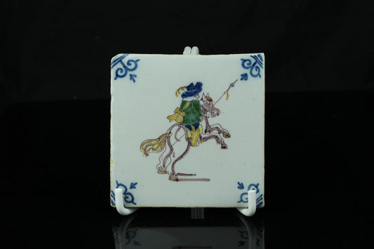 Antiek Nederlands tegeltje Ruiter te paard Handgeschilderde Delft stijl tegel 10 cm