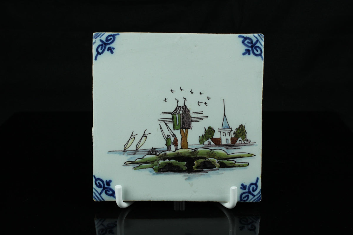 Vintage Handbeschilderde Hollandse tegel polychrome met Vissers 13 cm