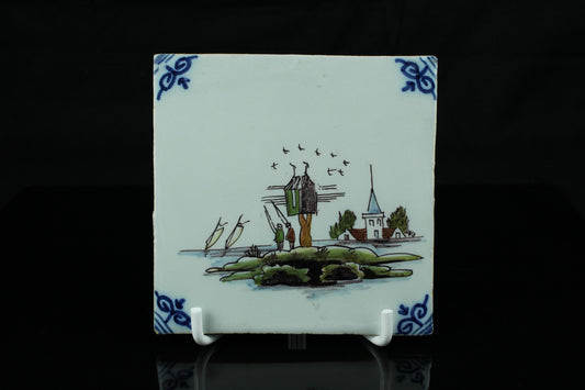 Vintage Handbeschilderde Hollandse tegel polychrome met Vissers 13 cm