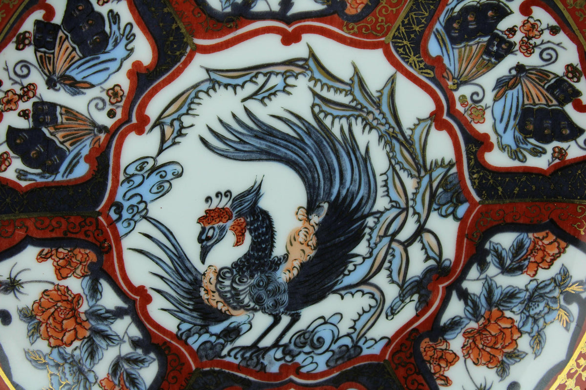 Vintage Imari wandbord porselein 21 cm  Feniks & Bloemen  Rood Blauw Goud