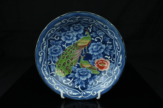 Vintage Japans pauwenbord 21 cm - blauw wit porselein met groen en rood