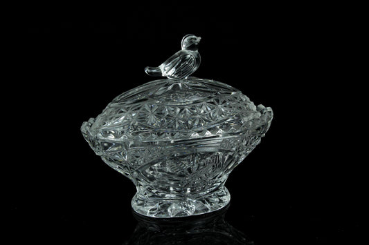 Vintage kristallen bonbonschaaltje met deksel en vogelknop 10,5 cm
