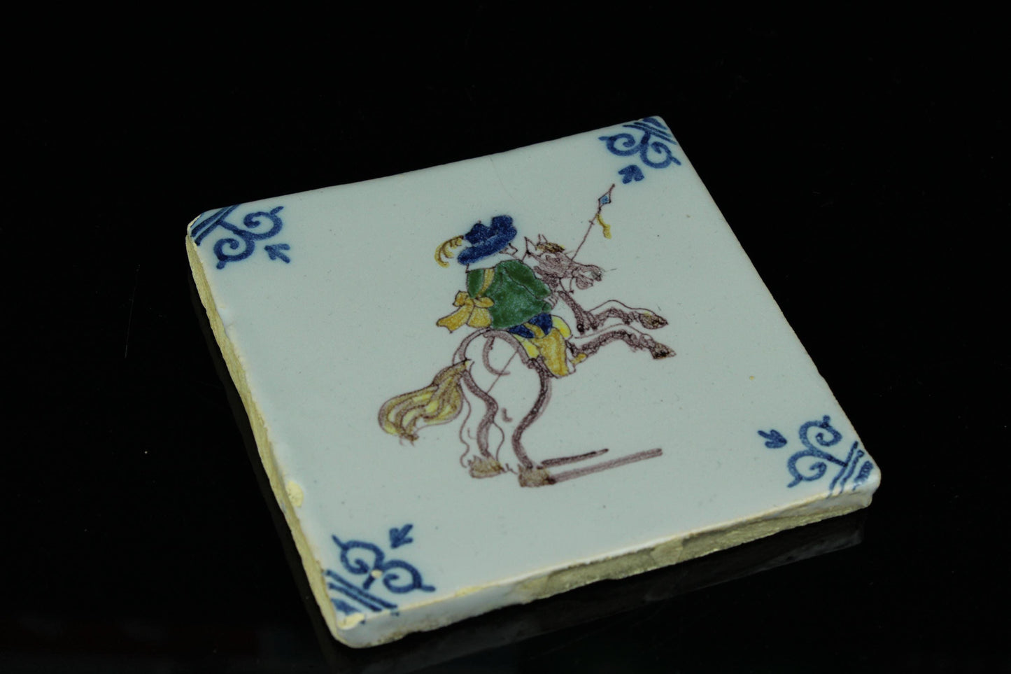 Antike niederländische Fliese Reiter zu Pferd Handbemalte Fliese im Delfter Stil 10 cm