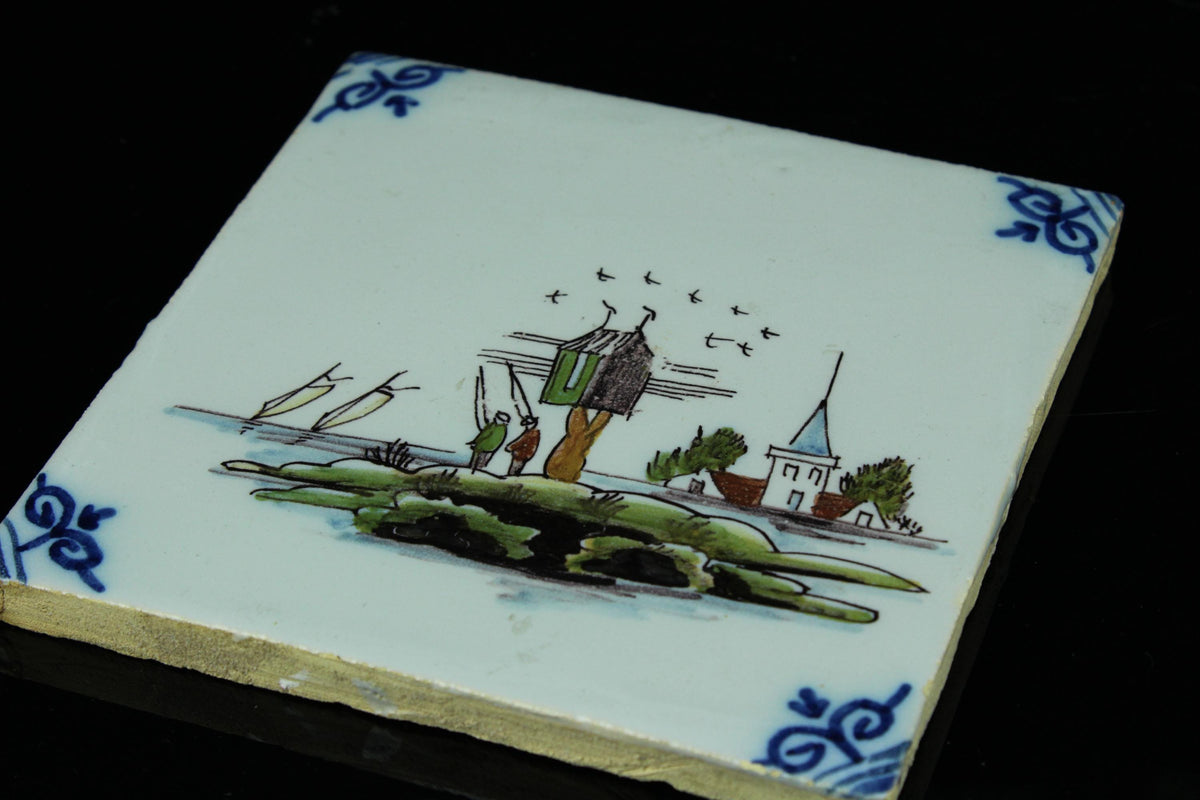 Vintage Handbeschilderde Hollandse tegel polychrome met Vissers 13 cm