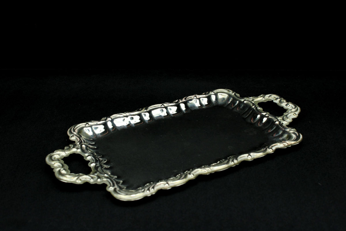 Vintage verzilverd dienblad - silver plated tray met sierlijke rococo rand - 21x11 cm.