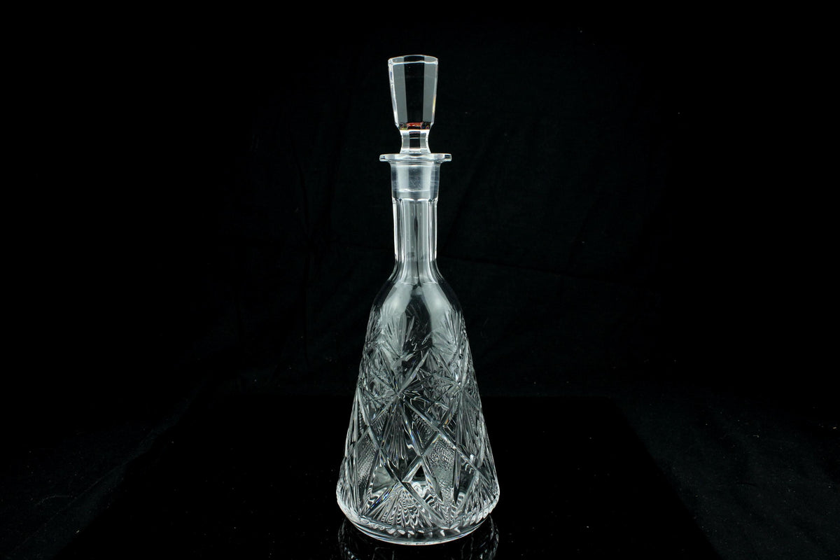 Vintage geslepen kristallen karaf met stop - diamant en sterpatroon - wijn / likeur karaf - 29 cm.