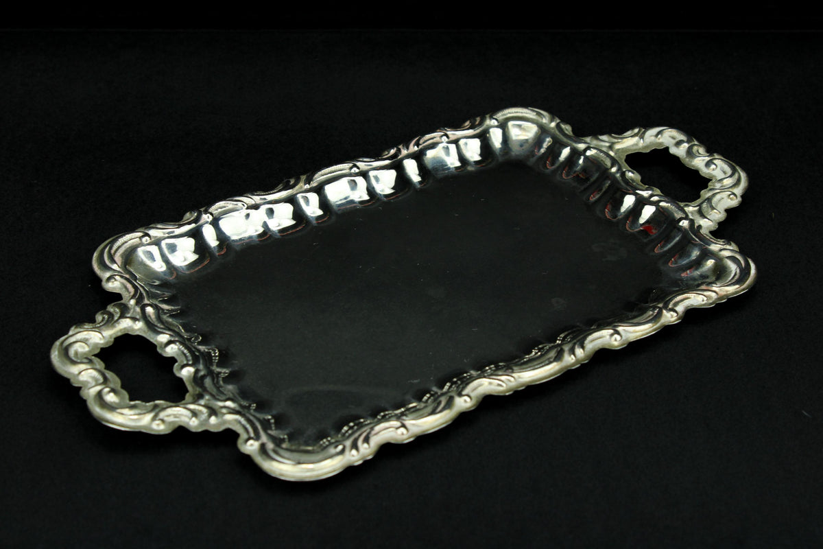Vintage verzilverd dienblad - silver plated tray met sierlijke rococo rand - 21x11 cm.