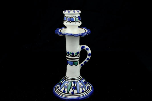 Vintage handbeschilderde keramieken kandelaar - mediterraans / Marokkaans stijl - kaarsenstandaard 17 cm.