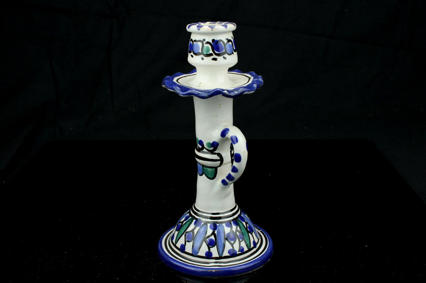 Vintage handbemalter Keramik-Kerzenständer – mediterraner/marokkanischer Stil – Kerzenhalter 17 cm.