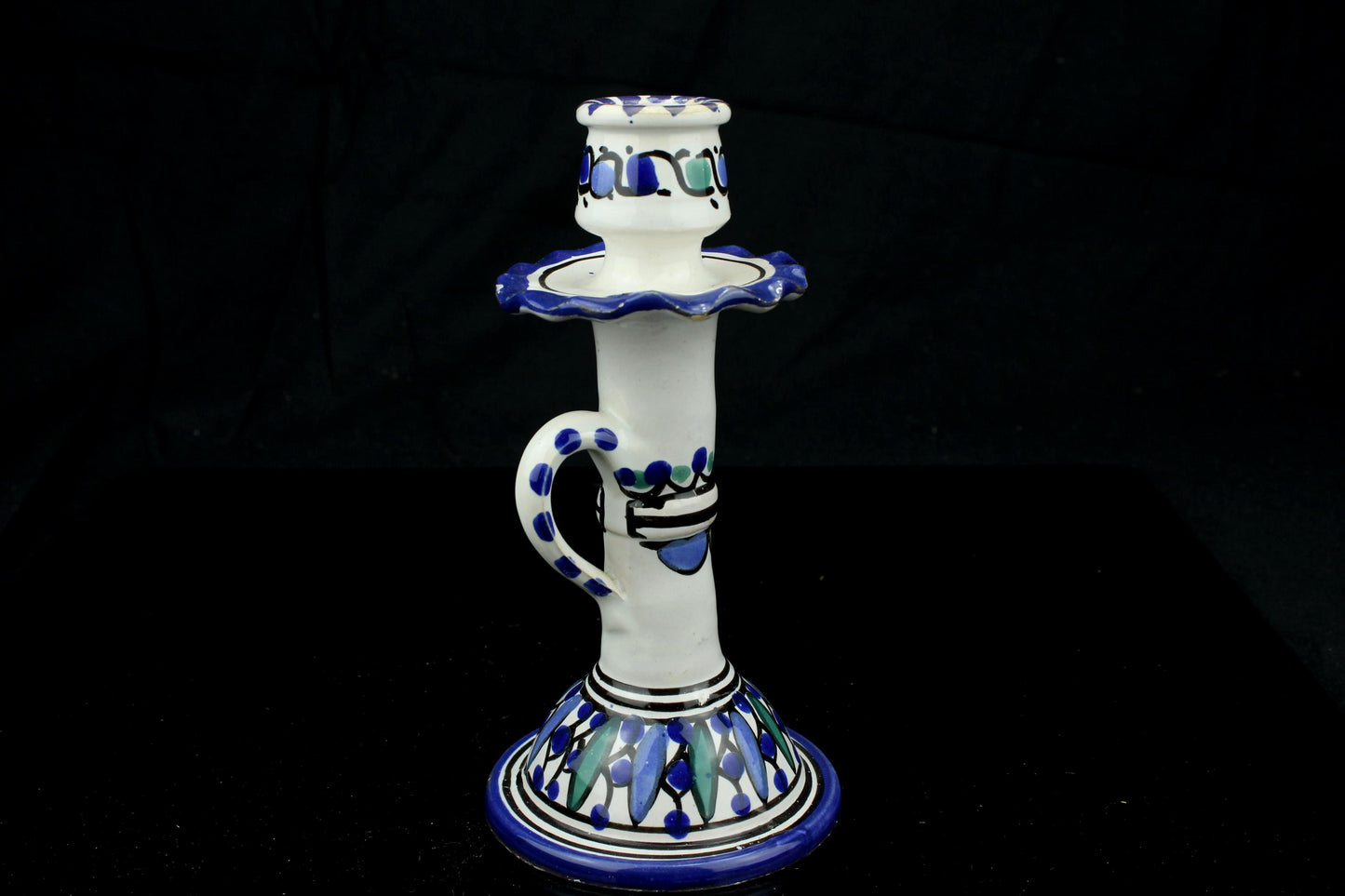 Vintage handbemalter Keramik-Kerzenständer – mediterraner/marokkanischer Stil – Kerzenhalter 17 cm.