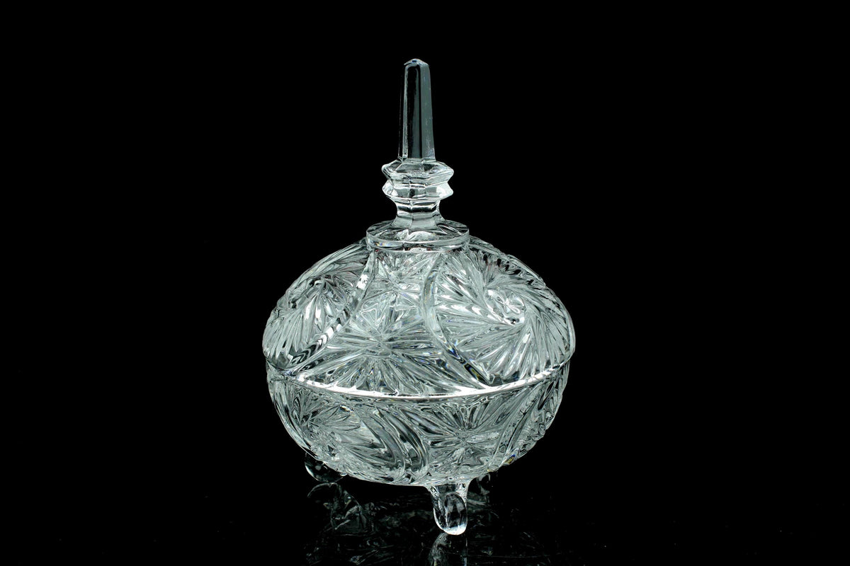 Vintage kristallen bonbonnière met deksel - sterpatroon - drie gekrulde pootjes - 17,5 cm. hoog