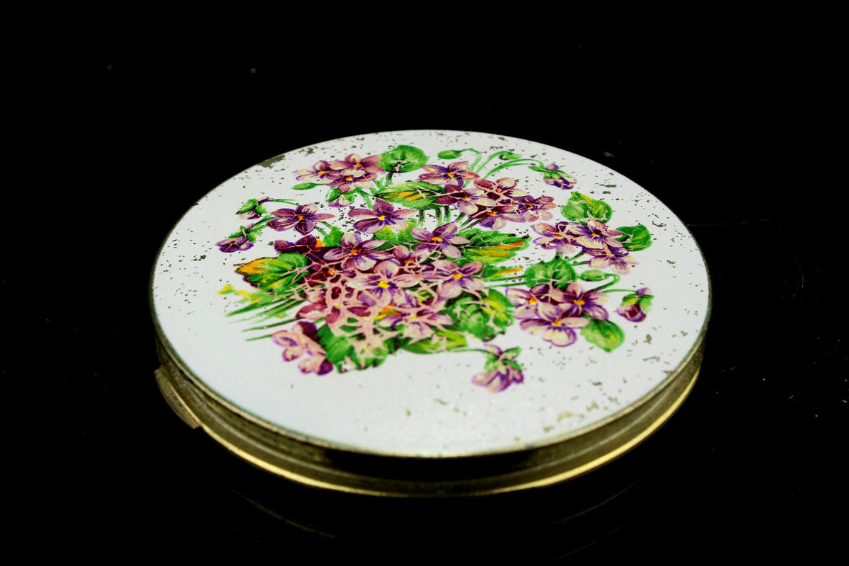 Vintage Stratton Puderdose mit Veilchenmotiv - Englisches Make-up-Spiegelkästchen - Vintage Damenaccessoire 50er/60er Jahre - 9 cm Durchmesser