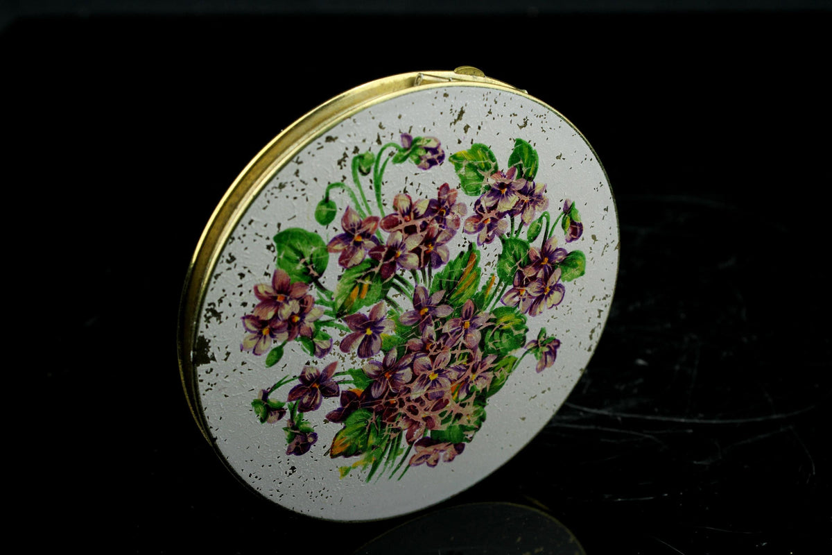 Vintage Stratton Puderdose mit Veilchenmotiv - Englisches Make-up-Spiegelkästchen - Vintage Damenaccessoire 50er/60er Jahre - 9 cm Durchmesser