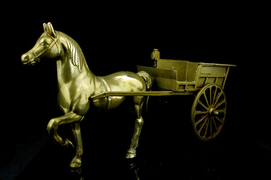 Vintage Messing Pferd mit Wagen - dekorative Figur Pferd mit Kutsche - großes Messing-Dekorobjekt - klassischer Bauernwagen - 38 cm