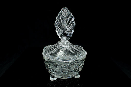 Vintage kristallen bonbonniere met hoge deksel op Pootjes - decoratieve snoeppot - Art Deco bonbon schaaltje - 21 cm. hoog