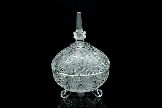 Vintage kristallen bonbonnière met deksel - sterpatroon - drie gekrulde pootjes - 17,5 cm. hoog