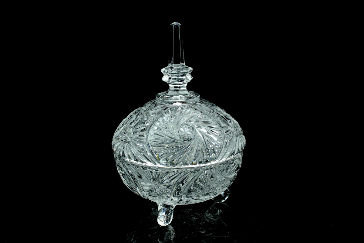 Vintage kristallen bonbonnière met deksel - sterpatroon - drie gekrulde pootjes - 17,5 cm. hoog