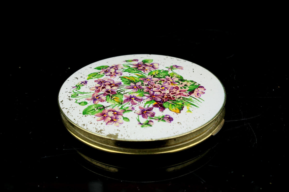 Vintage Stratton Puderdose mit Veilchenmotiv - Englisches Make-up-Spiegelkästchen - Vintage Damenaccessoire 50er/60er Jahre - 9 cm Durchmesser