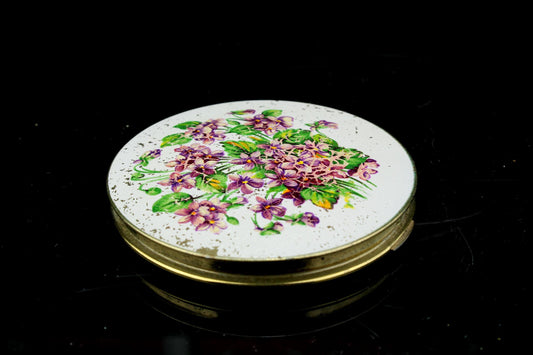 Vintage stratton poederdoos met viooltjes motief - Engelse make-up spiegeldoosje - Vintage damesaccessoire jaren 50/60 - 9 cm doorsnede