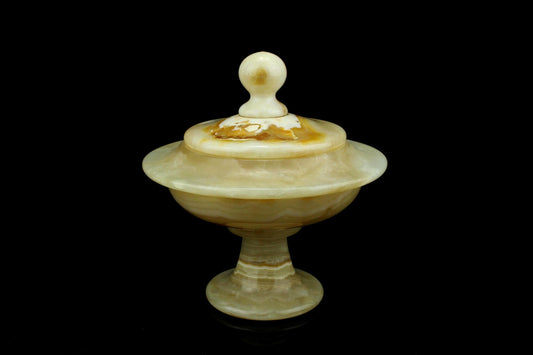 Vintage onyx coupe met deksel - Bonbonniere op voet - marmeren honingkleurige decoratieve schaal natuursteen - 16,5 cm