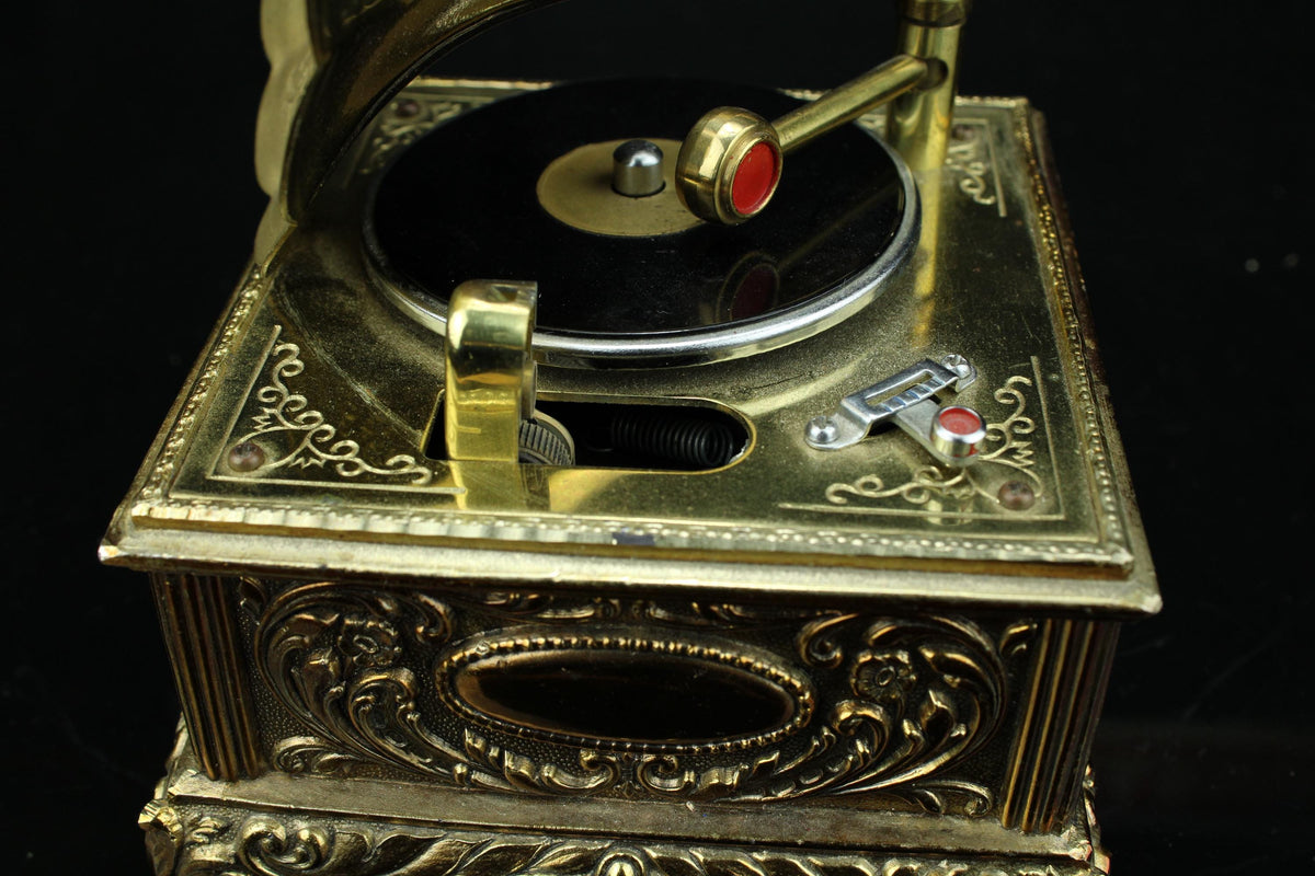 Vintage Miniatur-Grammophon – funktionierende Spieldose aus Messing – Retro-Spieldose mit Trichter – 13 cm. – inkl. Platte