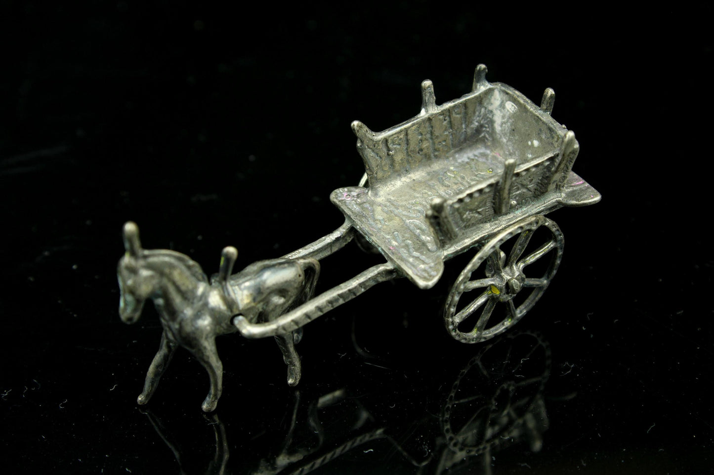 Vintage Miniatur Silber Pferd und Karre | Holländisches Miniatursilber | Esel mit Bauernwagen | Silberminiatur | Sammlerstück |