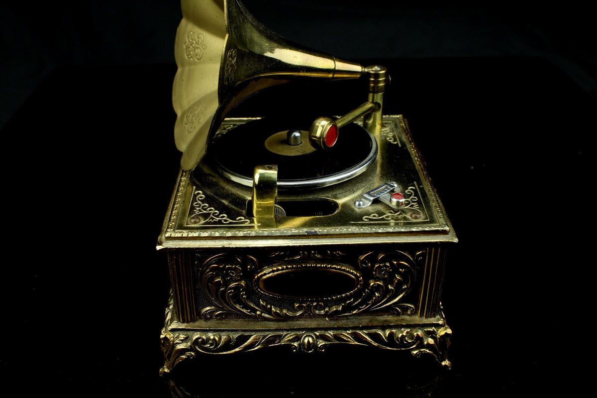 Vintage Miniatur-Grammophon – funktionierende Spieldose aus Messing – Retro-Spieldose mit Trichter – 13 cm. – inkl. Platte