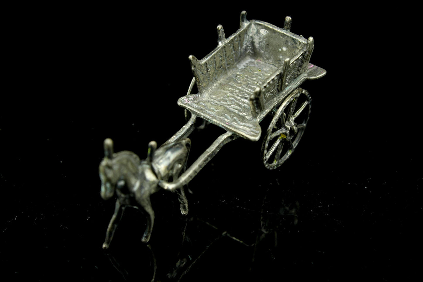 Vintage Miniatur Silber Pferd und Karre | Holländisches Miniatursilber | Esel mit Bauernwagen | Silberminiatur | Sammlerstück |