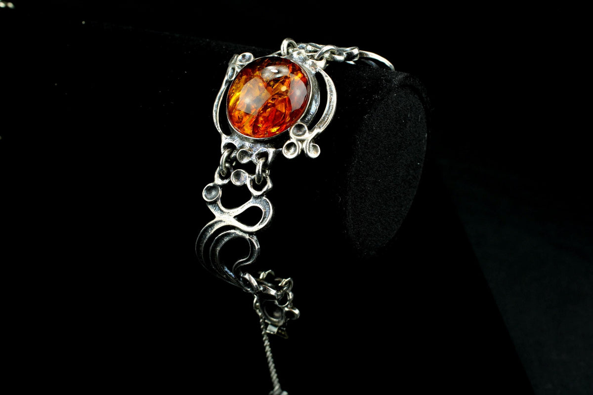 Vintage zilveren 835 armband met grote amber barnsteen - 49 gr / 16 cm