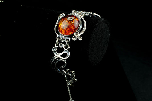 Vintage zilveren 835 armband met grote amber barnsteen - 49 gr / 16 cm