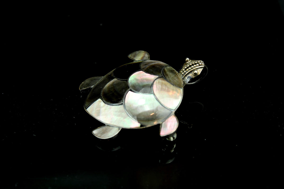 Vintage zilveren 925 schildpad broche - sterling silver broche met parelmoer inleg - 6 gram