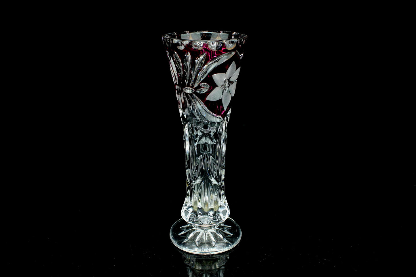 Vintage amethist geslepen kristallen solifleur - gegraveerde bloem - paars overlay - kelkvaas - 15,5 cm