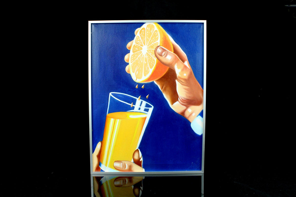 Origineel handgeschilderd schilderij - vers geperst sinaasappelsap - hyperrealistisch Pop Art - ingelijst canvas, aluminium lijst - 30×40cm