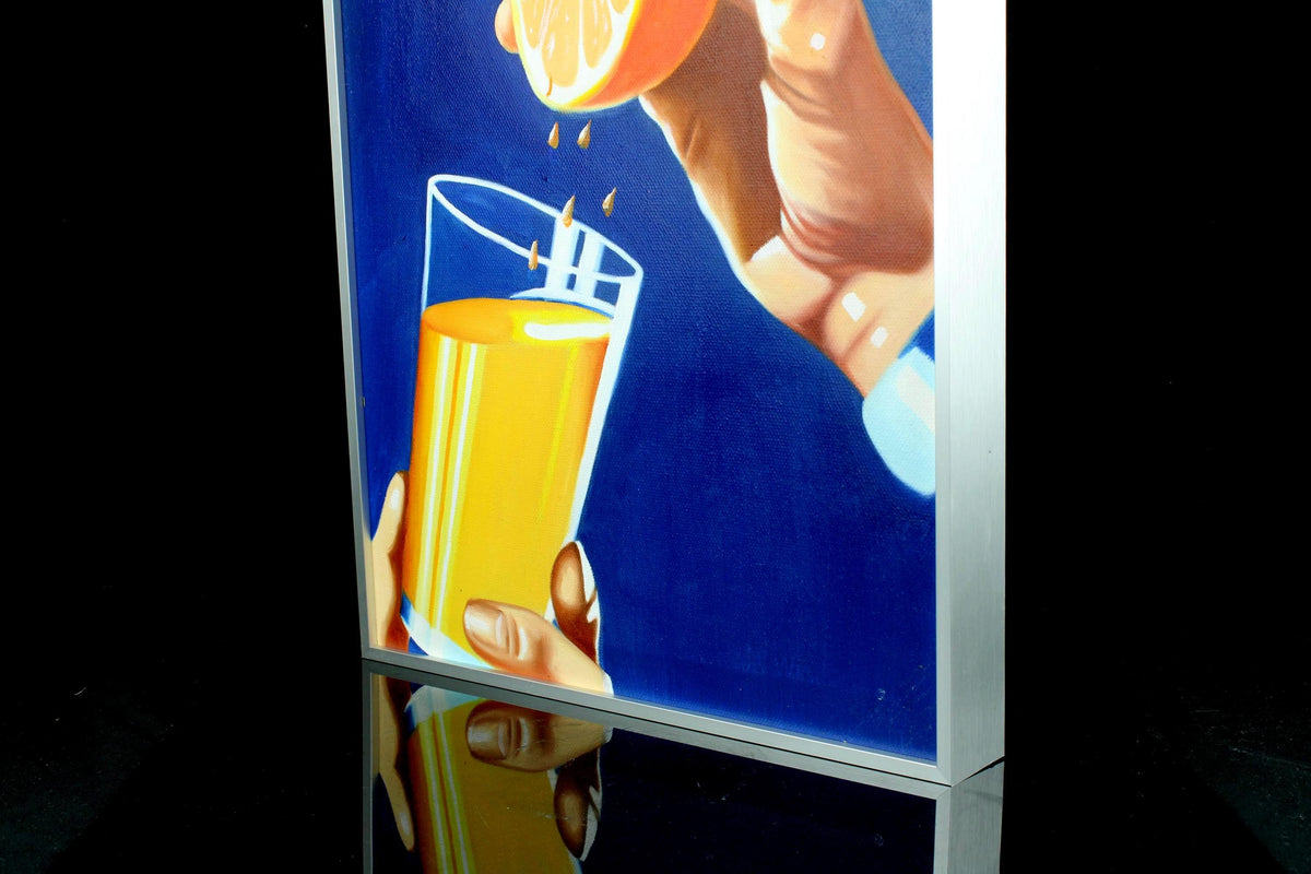 Origineel handgeschilderd schilderij - vers geperst sinaasappelsap - hyperrealistisch Pop Art - ingelijst canvas, aluminium lijst - 30×40cm