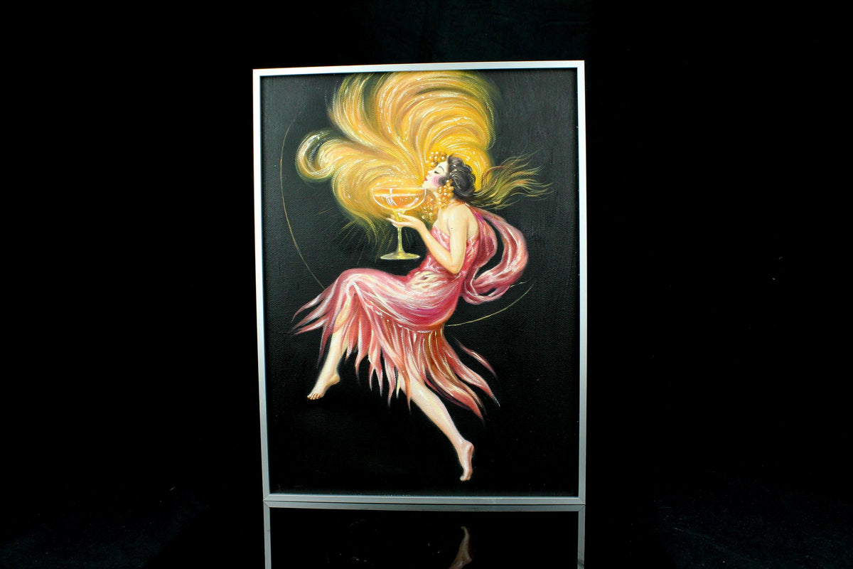 Origineel handgeschilderd schilderij - Art Nouveau - vrouw met champagne - Ingelijst canvas wanddecoratie in aluminimum lijst - 30×40 cm