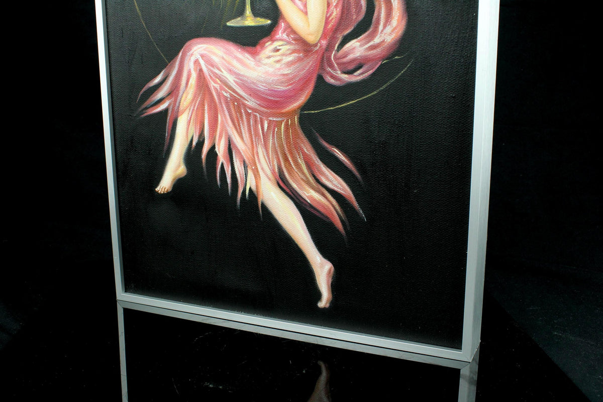 Origineel handgeschilderd schilderij - Art Nouveau - vrouw met champagne - Ingelijst canvas wanddecoratie in aluminimum lijst - 30×40 cm