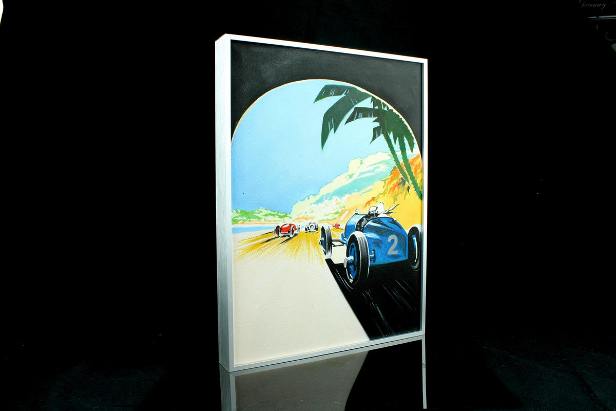 Origineel handgeschilderd schilderij - Grand Prix Formule 1 raceauto - retro poster stijl - ingelijst in aluminium lijst - 30×40 cm