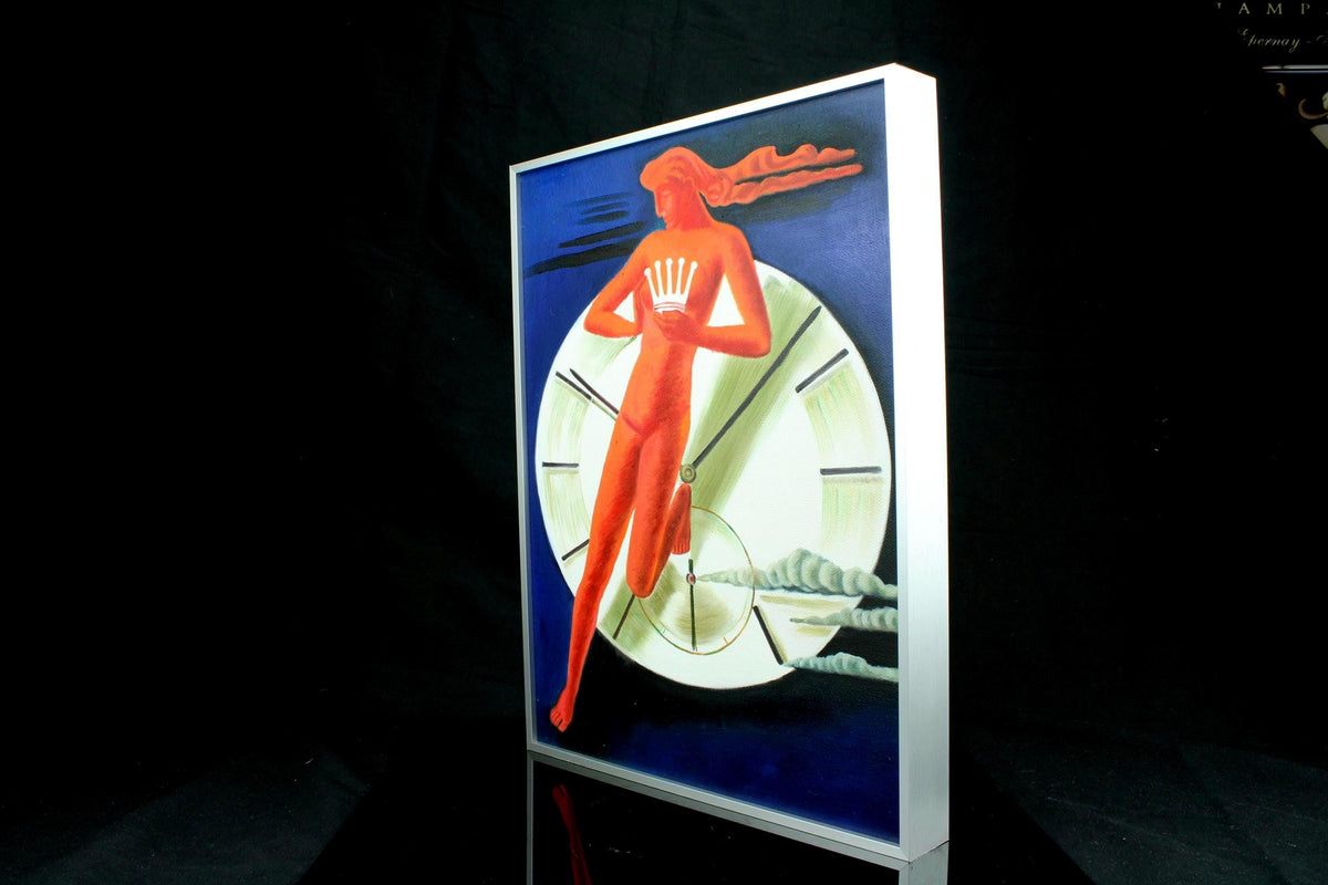 Origineel handgeschilderd schilderij - Art deco Rolex horloge stijl - vintage poster stijl - ingelijst in aluminium lijst - 30×40 cm