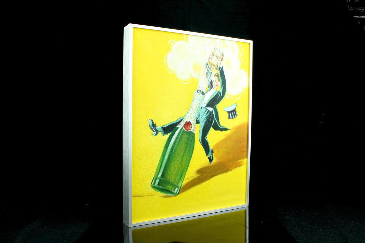 Origineel handgeschilderd schilderij - vintage champagne poster stijl - vrolijk mansfiguur - ingelijst in aluminium lijst - 30×40 cm