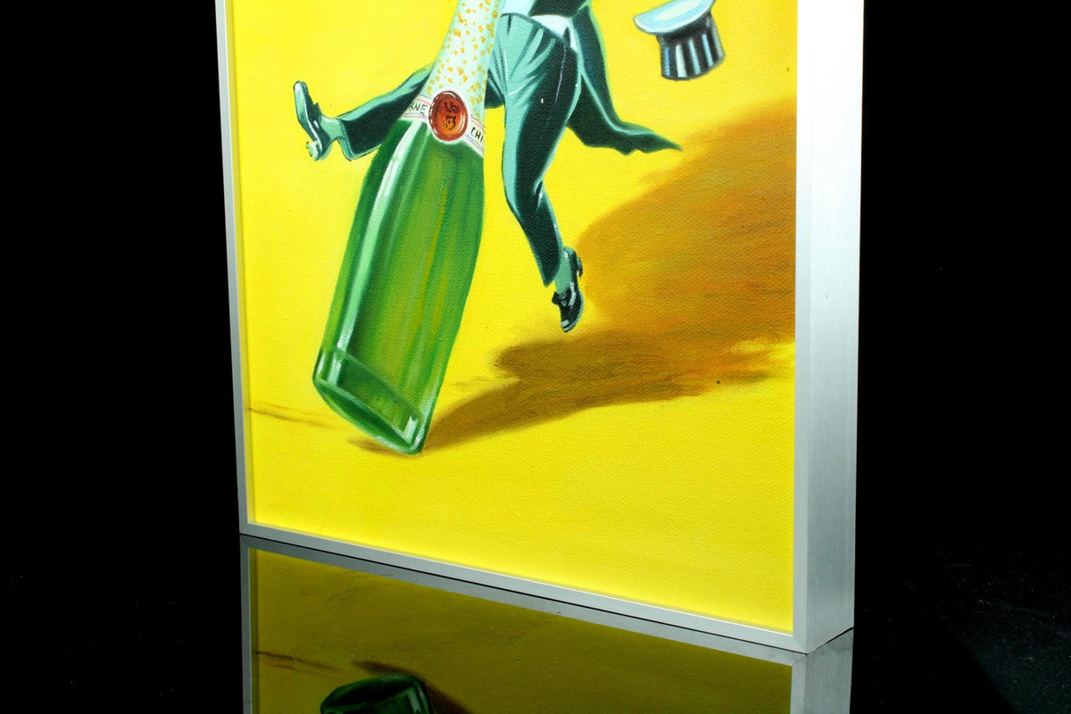 Origineel handgeschilderd schilderij - vintage champagne poster stijl - vrolijk mansfiguur - ingelijst in aluminium lijst - 30×40 cm