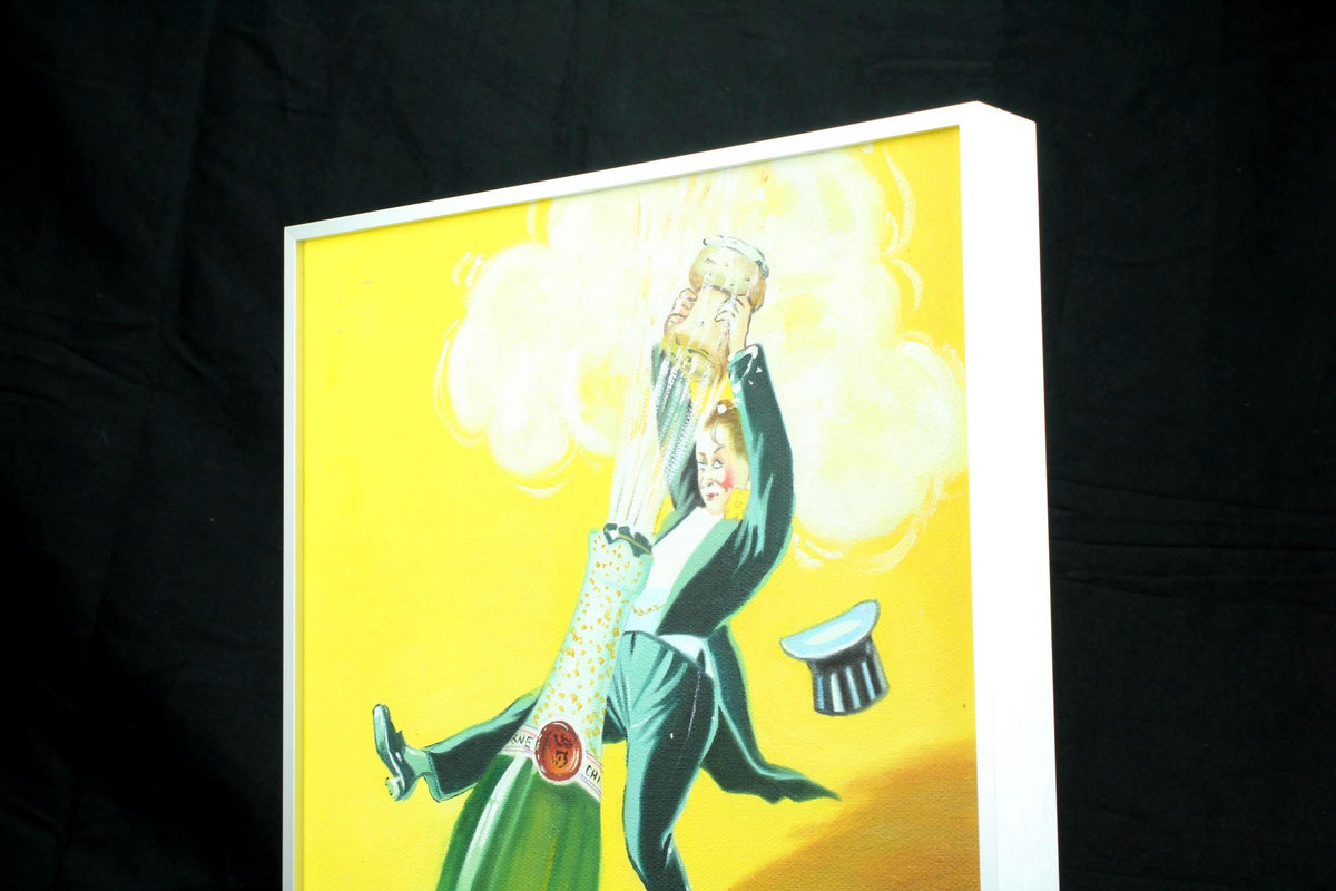 Origineel handgeschilderd schilderij - vintage champagne poster stijl - vrolijk mansfiguur - ingelijst in aluminium lijst - 30×40 cm