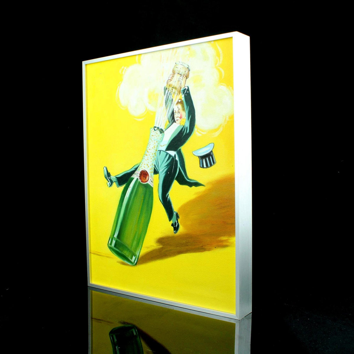 Origineel handgeschilderd schilderij - vintage champagne poster stijl - vrolijk mansfiguur - ingelijst in aluminium lijst - 30×40 cm