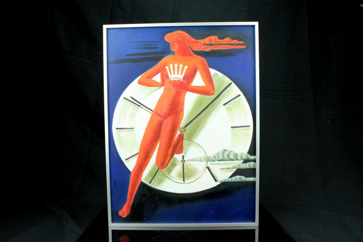 Origineel handgeschilderd schilderij - Art deco Rolex horloge stijl - vintage poster stijl - ingelijst in aluminium lijst - 30×40 cm