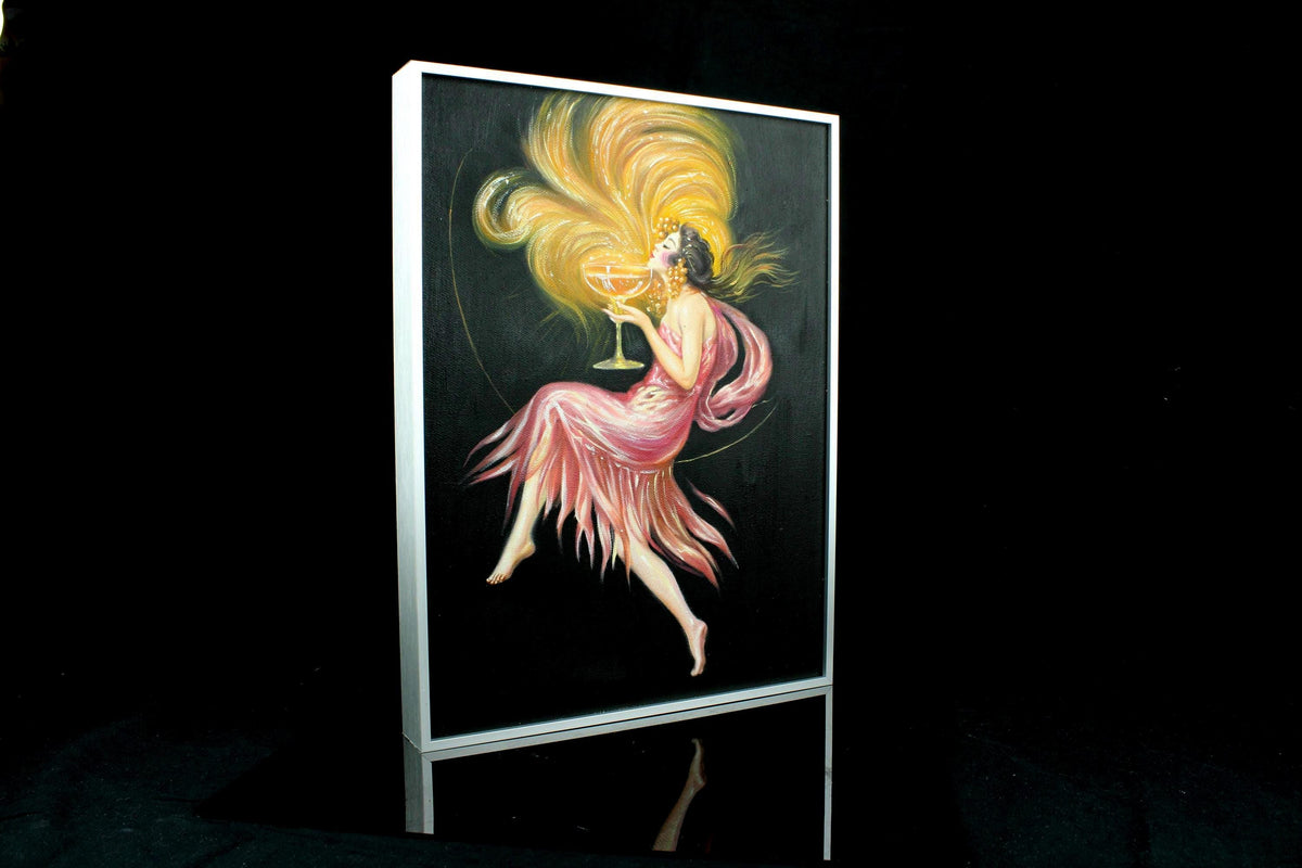 Origineel handgeschilderd schilderij - Art Nouveau - vrouw met champagne - Ingelijst canvas wanddecoratie in aluminimum lijst - 30×40 cm