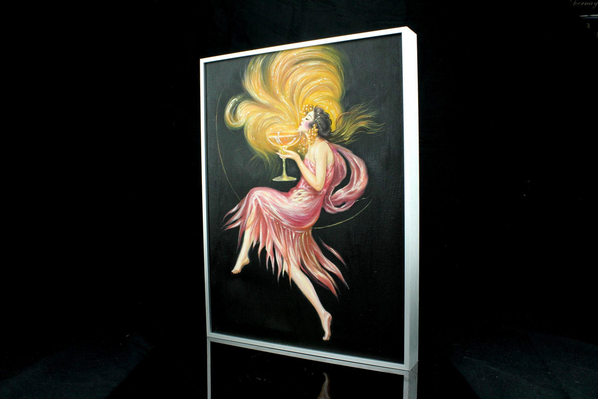 Origineel handgeschilderd schilderij - Art Nouveau - vrouw met champagne - Ingelijst canvas wanddecoratie in aluminimum lijst - 30×40 cm